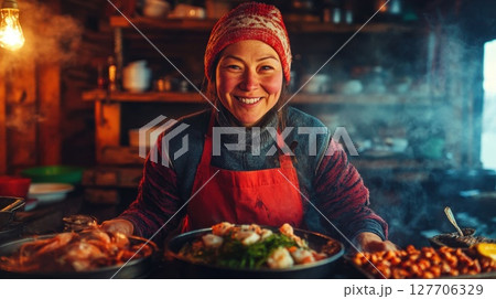 Cooking traditional meals in a cozy kitchen with warm lighting and a joyful chef preparing delicious dishes 127706329