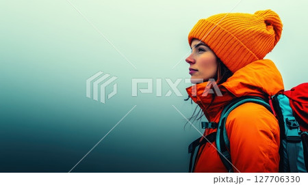Profile of a woman in an orange jacket and yellow beanie hiking in a foggy mountain landscape during early morning hours 127706330