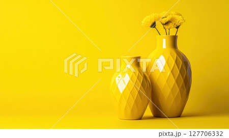 Bright yellow vases with flowers create a cheerful atmosphere in a minimalist setting 127706332