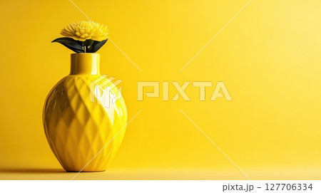 Bright yellow vase with a daisy flower against a vibrant yellow backdrop creating a cheerful and inviting atmosphere 127706334