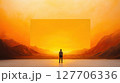 Sunset view with individual gazing into horizon in a surreal landscape during twilight near mountains and soft clouds 127706336