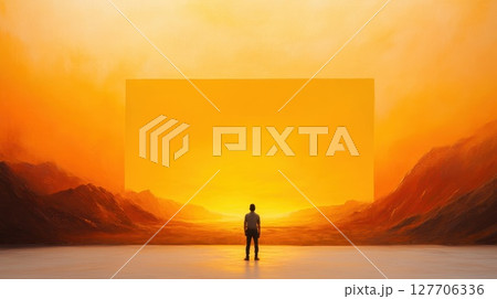 Sunset view with individual gazing into horizon in a surreal landscape during twilight near mountains and soft clouds Sunset view with individual gazing into horizon in a surreal landscape during twilight near mountains and soft clouds 127706336