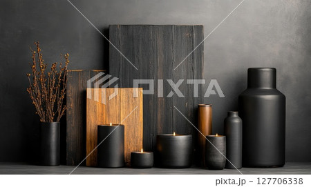 Decorative arrangement of black vases and candles with wooden panels in a minimalist setting Decorative arrangement of black vases and candles with wooden panels in a minimalist setting 127706338