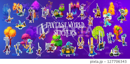 Fairytale Halloween mage and wizard tool characters stickers pack at fairy forest vector background. Cartoon cute magician hammer, screwdriver, ruler and spanner, witch wrench, pliers, drill personage Fairytale Halloween mage and wizard tool characters stickers pack at fairy forest vector background. Cartoon cute magician hammer, screwdriver, ruler and spanner, witch wrench, pliers, drill personage 127706343