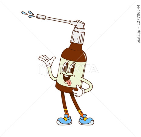 Groovy nasal spray character. Flue, cold and asthma treatment, allergy medicines retro groovy character. Healthcare and medicine pharmacy funny mascot, nasal spray bottle or container vector character 127706344