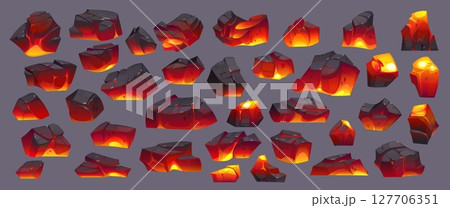 Burn ember charcoal, hot coal pieces. Vector set of cartoon glowing lava rocks with fiery orange and yellow cores encased in blackened, charred exteriors. Heat, energy, and volcanic activity elements 127706351