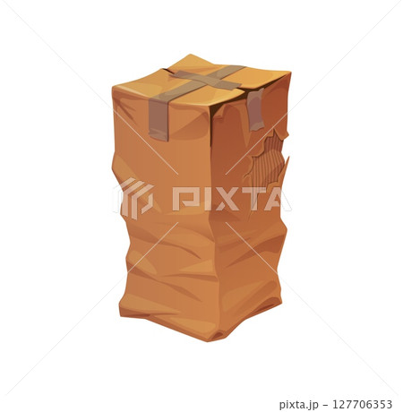 Damaged crumpled cargo delivery cardboard box. Broken and ripped parcel package. Isolated cartoon vector crushed package representing delivery and logistic issues, mishandling and shipping problems Damaged crumpled cargo delivery cardboard box. Broken and ripped parcel package. Isolated cartoon vector crushed package representing delivery and logistic issues, mishandling and shipping problems 127706353