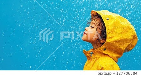 Child enjoying a rainy day with a yellow raincoat under falling droplets against a bright blue background capturing joy and wonder Child enjoying a rainy day with a yellow raincoat under falling droplets against a bright blue background capturing joy and wonder 127706384