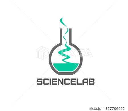Science lab icon with green liquid in glass flask. Biotechnology innovation company, science research startup or biology experiment graphic emblem with chemical laboratory flask and green liquid vapor Science lab icon with green liquid in glass flask. Biotechnology innovation company, science research startup or biology experiment graphic emblem with chemical laboratory flask and green liquid vapor 127706422