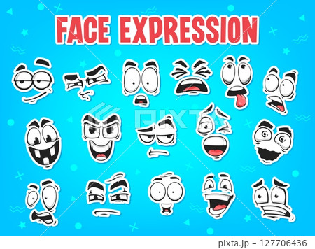 Cartoon face stickers pack. Comical character happy and evil laughing, suspicious, shocked and crazy, scared, surprised, skeptic emotions face expressions retro isolated vector stickers collection 127706436