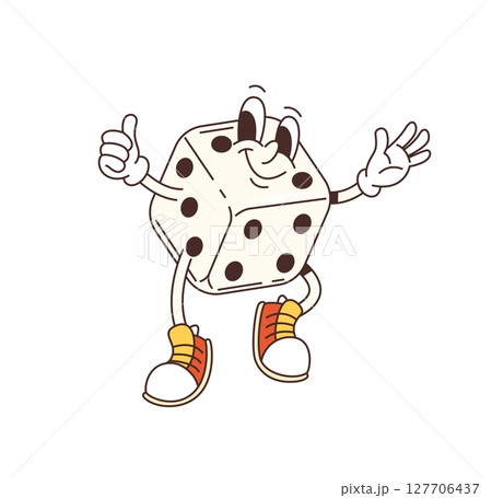 Groovy casino dice character. Gambling fortune and risk cute 80s personage, dice rolling boardgame isolated vector hippie mascot. Casino dice cube cheerful groovy characters showing thumb up gesture 127706437