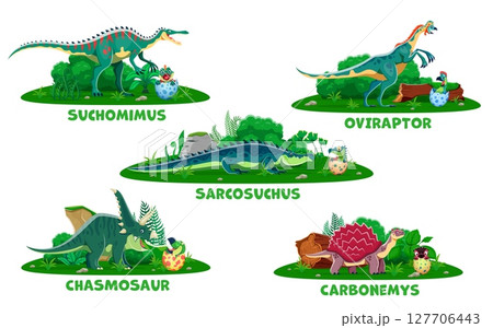 Dinosaur mother with dino kids hatching from eggs in prehistoric Jurassic forest, vector cartoon characters. Prehistoric lizards reptiles and dinosaur mothers with funny newborn dino baby in eggshell 127706443