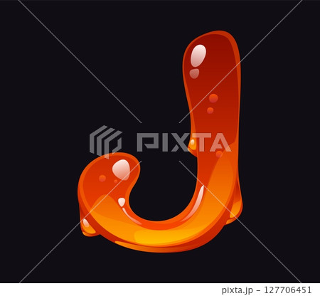 Flowing honey cartoon font letter J. Liquid caramel English alphabet type letter, yellow honey vector symbol. Sweet amber flow cartoon font sign or tasty candy ABC typeset element 127706451