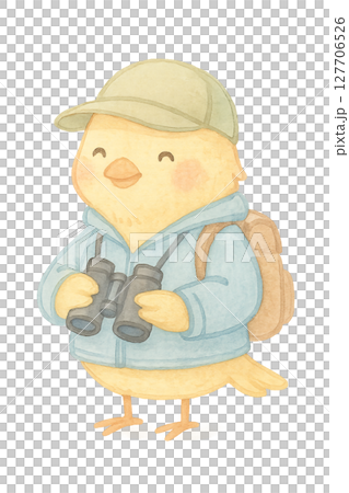 双眼鏡を持つ鳥のバードウォッチャー 水彩イラスト PNG 透過背景素材 127706526