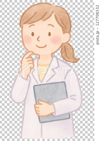 拿著平板電腦的女研究員水彩插圖PNG透明背景素材 127706532