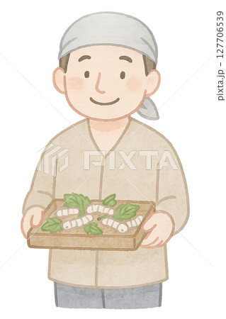 蚕の入ったトレイを持つ男性養蚕家 水彩イラスト PNG 透過背景素材 127706539