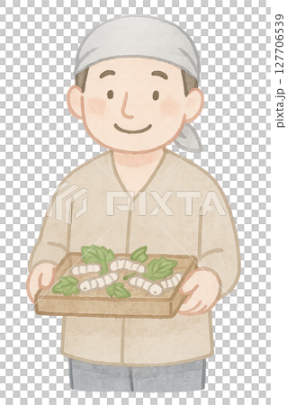 蚕の入ったトレイを持つ男性養蚕家 水彩イラスト PNG 透過背景素材 127706539
