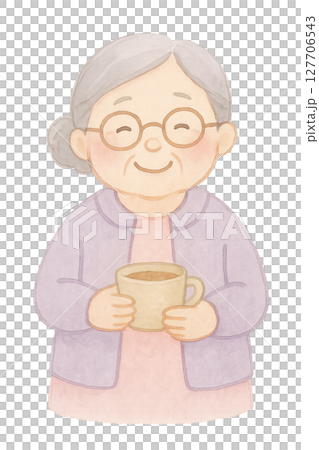 拿著咖啡杯的微笑的老婦人水彩插圖PNG透明背景素材 127706543
