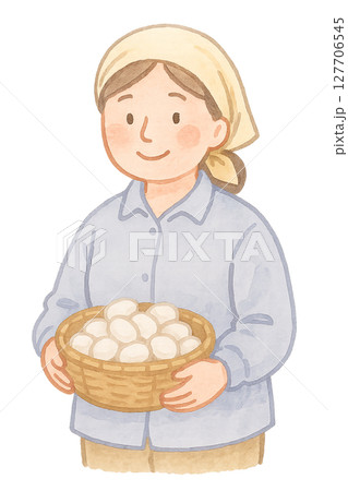 繭を持つ女性養蚕家 水彩イラスト PNG 透過背景素材 127706545