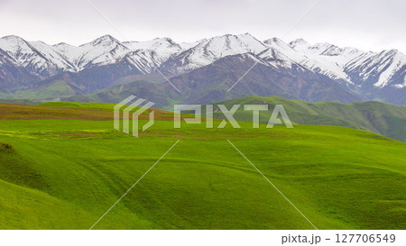 Serene mountain landscape with snow-covered peaks and grassland 127706549