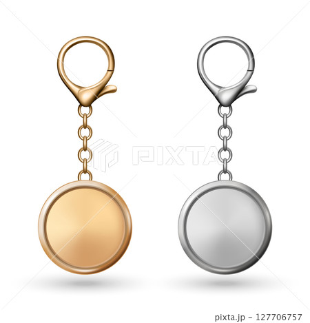 Vector Gold and Silver Keychain Icon Set, Isolated. Realistic Round Keychain Design for Branding. Blank Keychain Mockup for Logo. Luxury Metallic Keychain Template for Custom Accessory Design 127706757