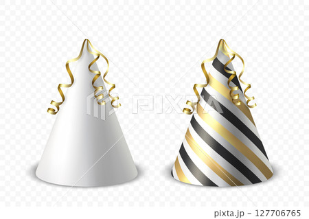 Vector 3d Realistic Birthday Party Hat Icon Set Isolated. Party Cap Design Template for Party Banner, Greeting Card. Holiday Hats, Cone Shape, Front View 127706765