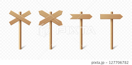 Vector Realistic Wooden Blank Sign Post Set. Realistic Road Signboard. Plywood Pointer, Timber, Directional Sign Design Template, Front View. Vector Illustration in 3D Style 127706782