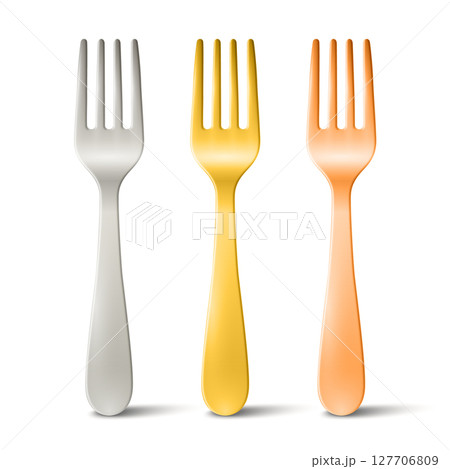 Vector 3d Fork Set Isolated on White. Realistic Silver, Gold and Copper Fork Icon. Metal Cutlery Illustration. Tableware Utensils, Restaurant, Kitchenware, Dinnerware, Food Serving Design Template 127706809