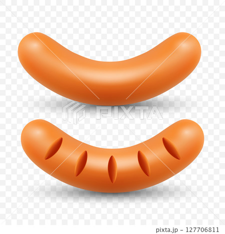 Vector 3d Realistic Grilled Sausage Illustration. Tasty Hot Dog Icon. BBQ Meat, Fast Food Snack. Picnic Barbecue, Street Food Menu Design Template. Cooked Pork Sausages, Grill Food, Isolated Sausage 127706811