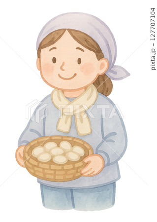繭を持つ女性養蚕家 水彩イラスト PNG 透過背景素材 127707104
