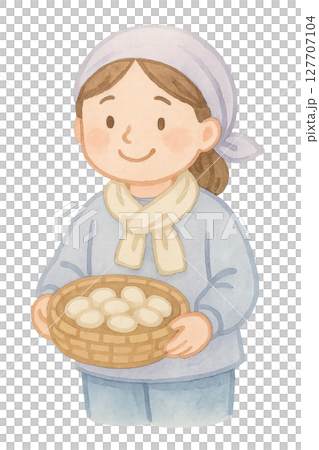 拿著蠶繭的母蠶農夫水彩插畫PNG透明背景素材 拿著蠶繭的母蠶農夫水彩插畫PNG透明背景素材 127707104