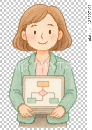 拿著系統配置圖的女性系統工程師水彩插圖PNG透明背景素材 127707105