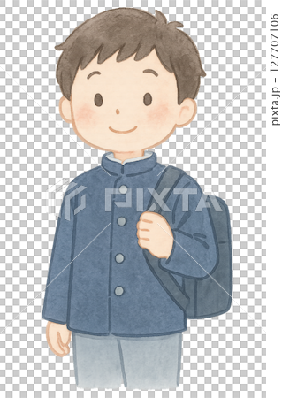 Male junior high school student in school uniform carrying a school bag watercolor illustration PNG transparent background material 127707106
