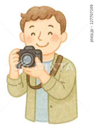 カメラを構える男性カメラマン 水彩イラスト PNG 透過背景素材 127707109