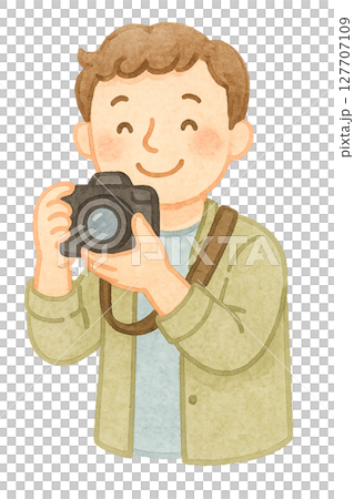 カメラを構える男性カメラマン 水彩イラスト PNG 透過背景素材 127707109