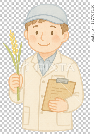 Male rice researcher holding rice and clipboard Watercolor illustration PNG transparent background material 127707110