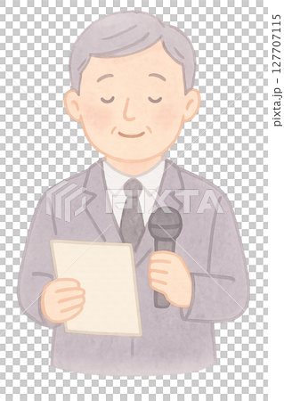 手持麥克風和手稿的男主持人。葬禮主持人的水彩畫。 PNG透明背景素材 127707115