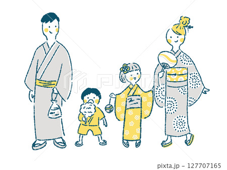 浴衣姿で夏祭りを楽しむ家族4人の手描きイラスト 127707165
