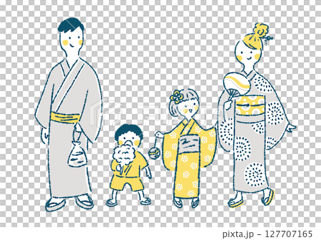 A hand-drawn illustration of a family of four wearing yukatas enjoying a summer festival A hand-drawn illustration of a family of four wearing yukatas enjoying a summer festival 127707165