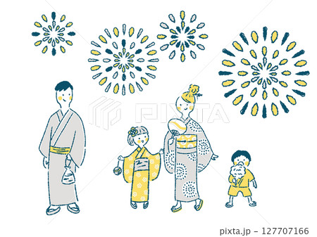 浴衣姿の家族が夏祭りで打ち上げ花火を楽しむ手描きイラスト 127707166