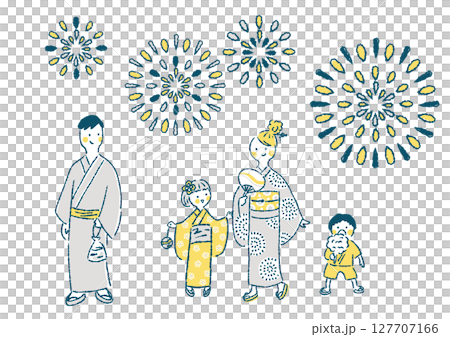 A hand-drawn illustration of a family in yukata enjoying fireworks at a summer festival 127707166
