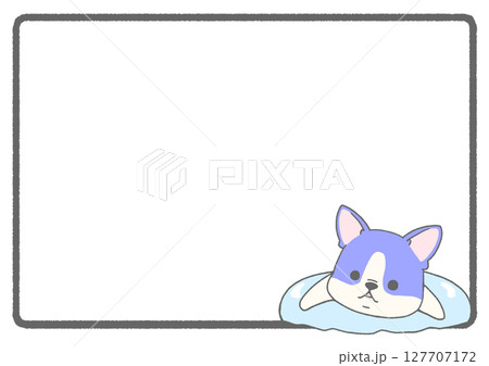 うきわで浮かぶフレンチブルドッグのフレーム背景(パイド・青色) 127707172