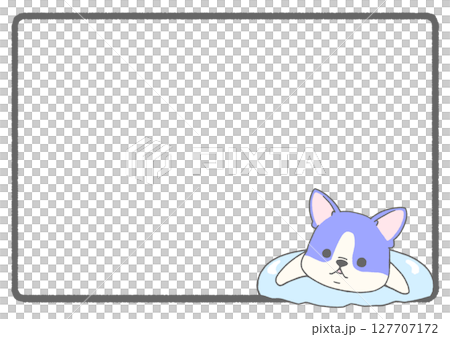 うきわで浮かぶフレンチブルドッグのフレーム背景(パイド・青色) 127707172