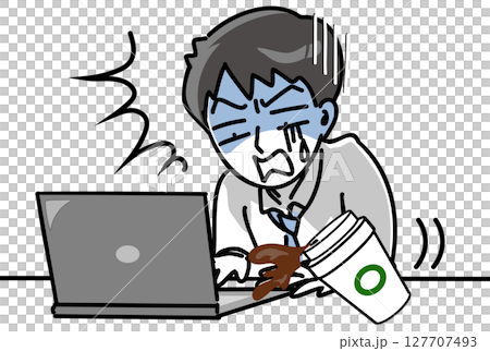コーヒーをパソコンにこぼし青ざめる会社員のベクターイラスト コーヒーをパソコンにこぼし青ざめる会社員のベクターイラスト 127707493