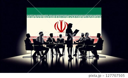 【イラン政治・外交】国旗を背景に会談するビジネス/政治家（シルエットのイラスト） 127707505