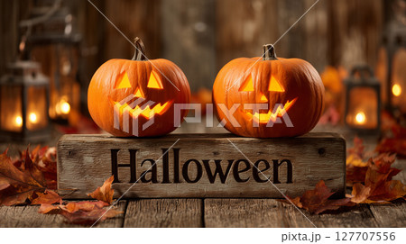笑顔のジャックオランタンとハロウィンの木製ボード | ランタンの背景ボケ 127707556