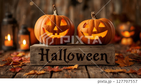 笑顔のジャックオランタンとハロウィンの木製ボード | ランタンの背景ボケ 127707557