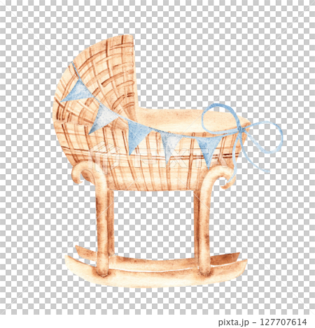 Baby Boy cradle from rattan with Bunting Party blue Flags, Garland in Vintage style isolated on a white background. Hand drawn Watercolor Crib illustration in eco style. Children's accessory for Baby Boy cradle from rattan with Bunting Party blue Flags, Garland in Vintage style isolated on a white background. Hand drawn Watercolor Crib illustration in eco style. Children's accessory for 127707614