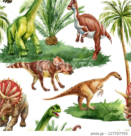 Watercolor seamless pattern with various dinosaurs palm trees and prehistoric plants wildlife background Trendy textile print 127707703