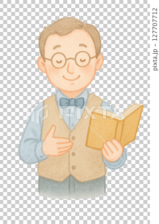 拿書的男書侍酒師的水彩插圖PNG透明背景資料 127707712